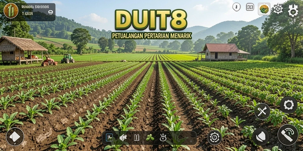 Tampilan gameplay <strong>DUIT8</strong> yang menampilkan lahan pertanian yang subur dan tanaman beragam.