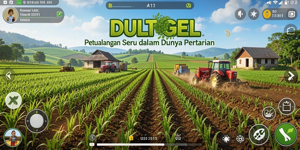 Tampilan gameplay DULTOGEL menampilkan ladang yang subur dan hewan ternak.