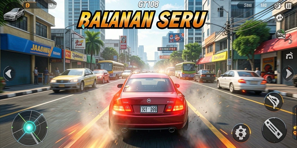 Tampilan seru gameplay balapan di GT108 dengan grafik yang mengesankan.
