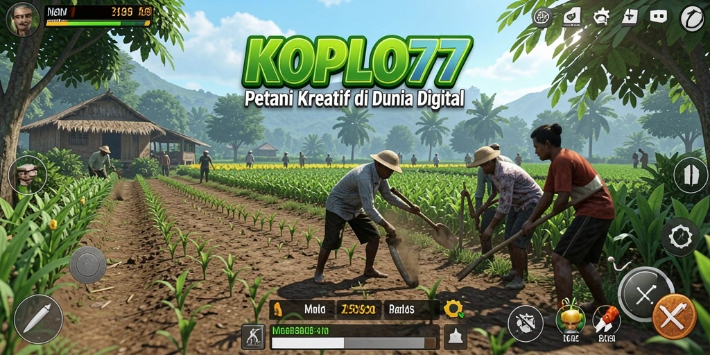 Tangkapan layar gameplay KOPLO77 menampilkan kebun yang subur dan hewan ternak.