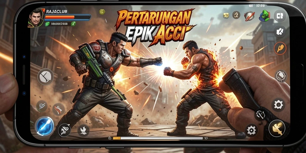 Screenshot utama RAJACLUB menampilkan karakter bertarung dalam aksi sengit.