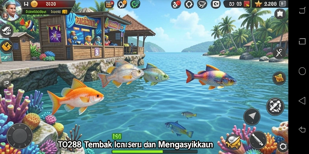 Screenshot TO288 menunjukkan aksi seru dalam menembak ikan.