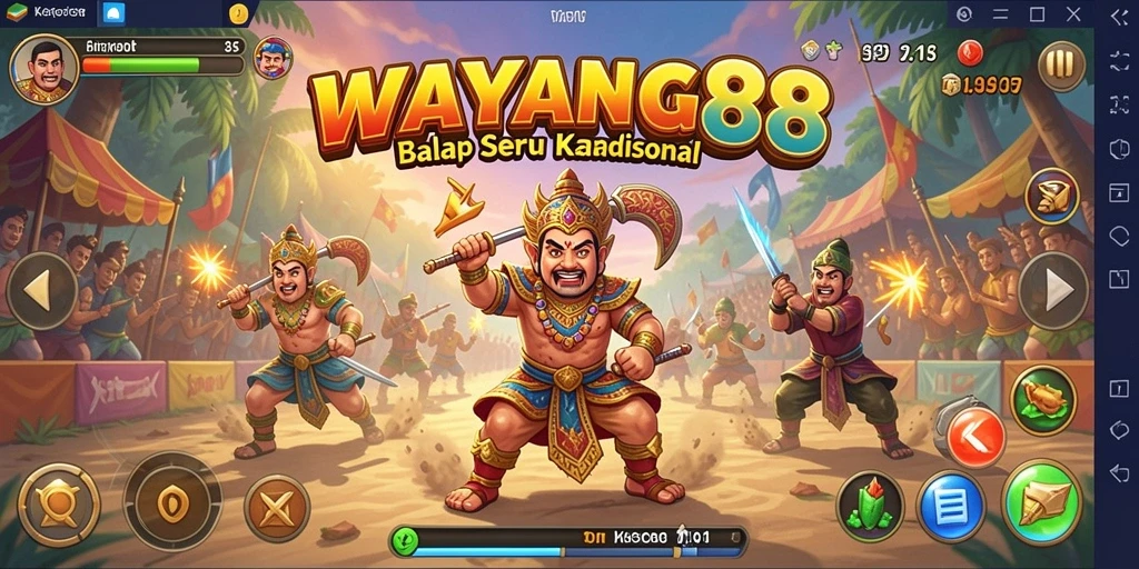 Tangkapan layar utama WAYANG88 menampilkan aksi balapan seru dengan karakter wayang.